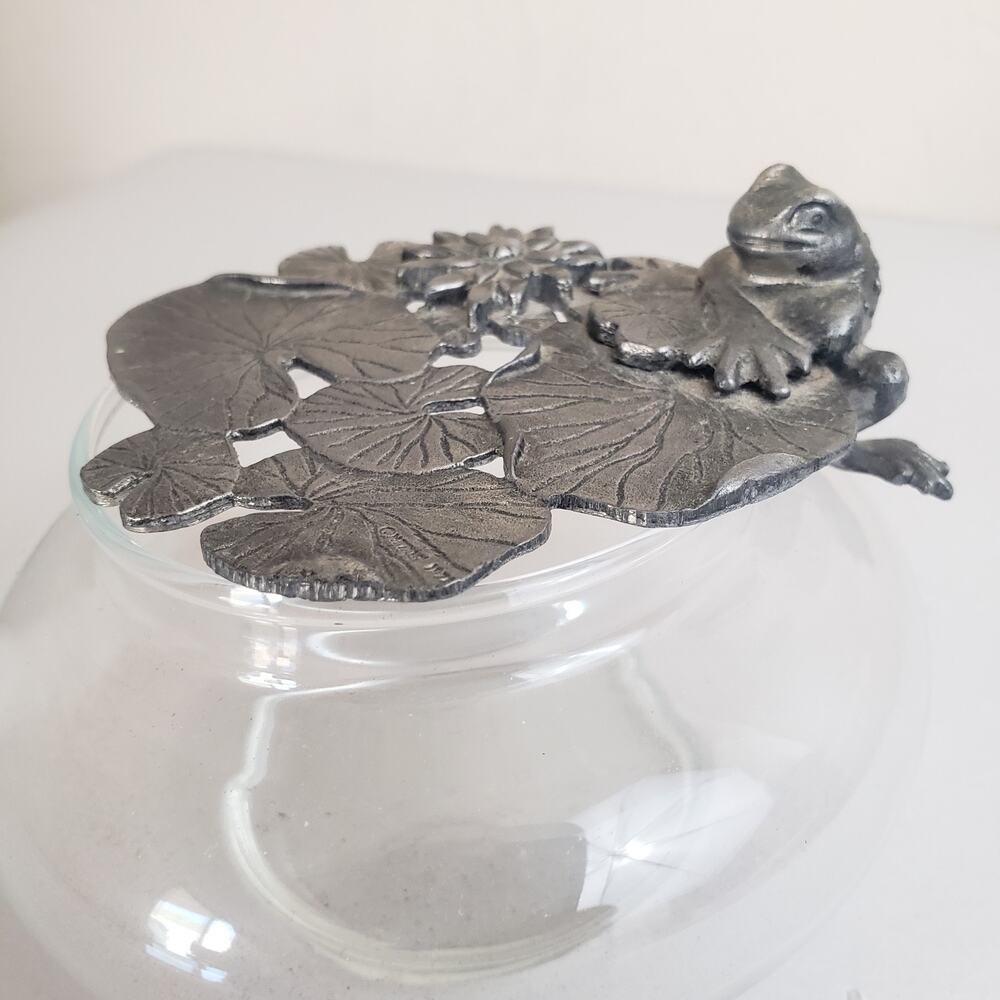 Vtg Metzke 70s Pewter Frog on Lily Pad Lid, Pattern‎ Glass Potpourri Trinket Jar